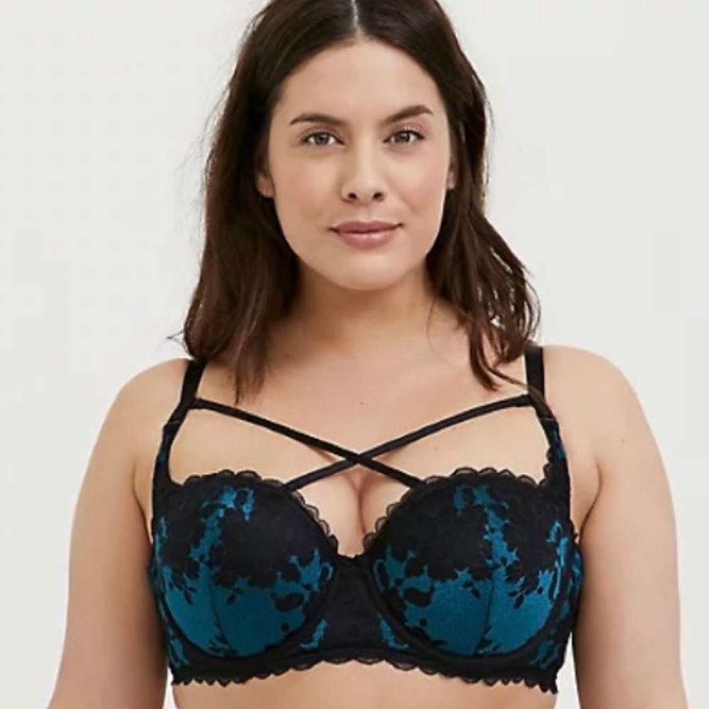 TEAL & BLACK LACE STRAPPY PUSH-UP STRAPLESS BRA